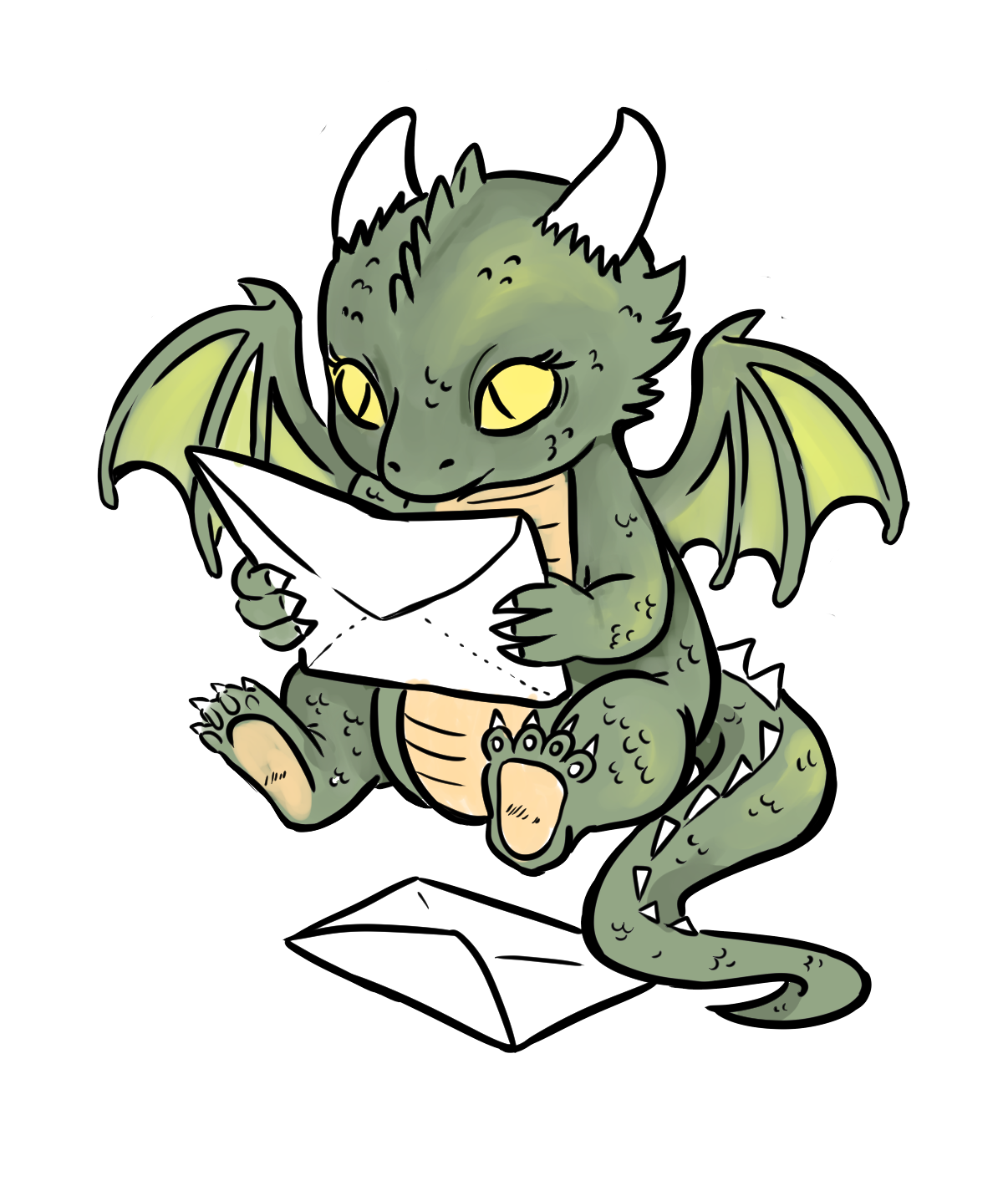 A small green dragon holding a sealed letter