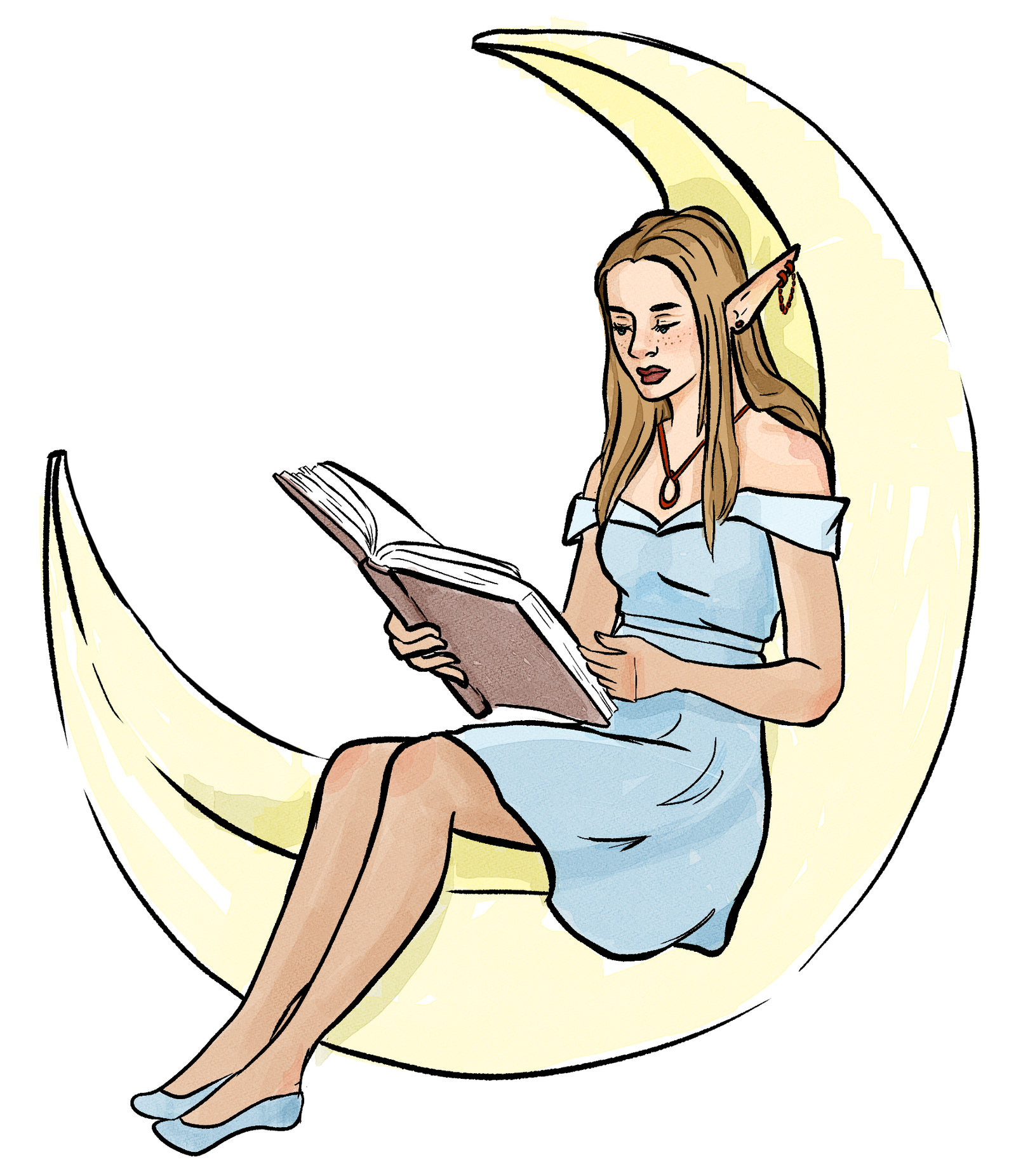 An elven woman reading a book while seated on a crescent moon