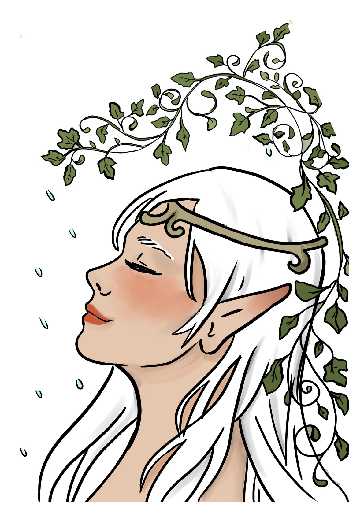 Tsukièn, a white-haired elf crowned with trailing ivy